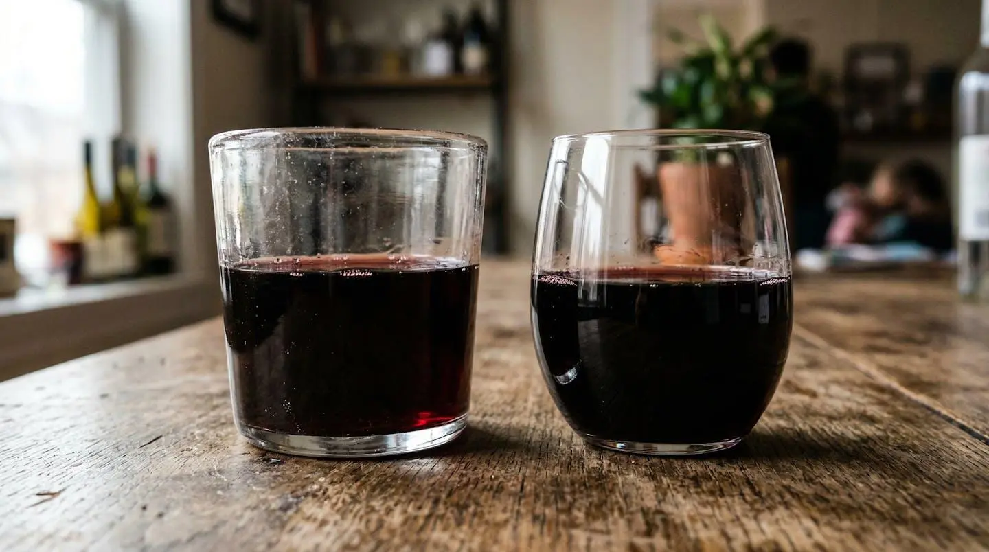 Gros plan sur le bord de deux verres à vin côte à côte sur une table en bois, l'un avec un buvant fin et l'autre plus épais, tous deux contenant du vin rouge