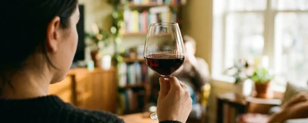 Une main tient un verre de vin rouge à hauteur des yeux, éclairée par la lumière naturelle d'une fenêtre, avec un salon flou en arrière-plan
