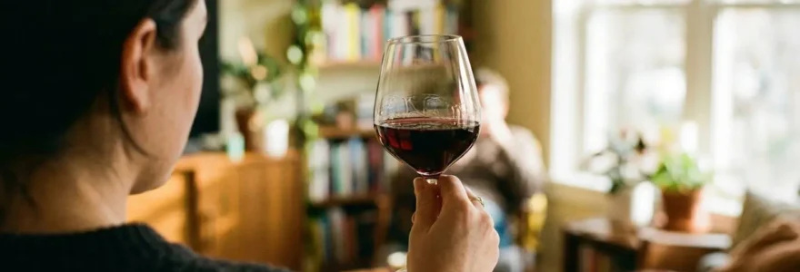 Une main tient un verre de vin rouge à hauteur des yeux, éclairée par la lumière naturelle d'une fenêtre, avec un salon flou en arrière-plan