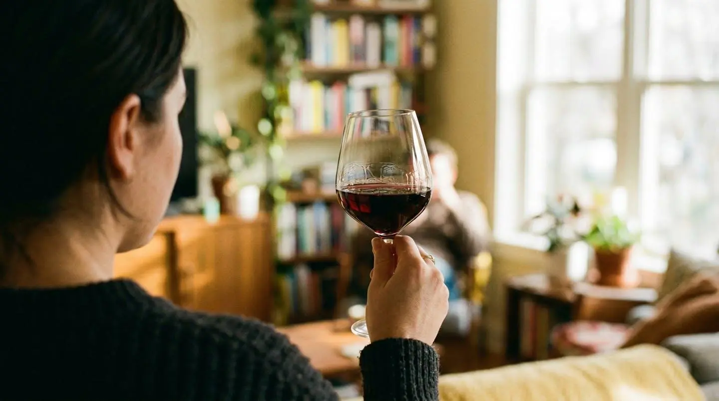 Une main tient un verre de vin rouge à hauteur des yeux, éclairée par la lumière naturelle d'une fenêtre, avec un salon flou en arrière-plan