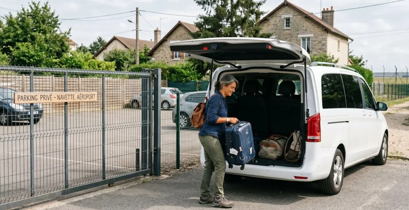 Voyageur chargeant sa valise dans une navette privée climatisée devant un parking clos à Roissy