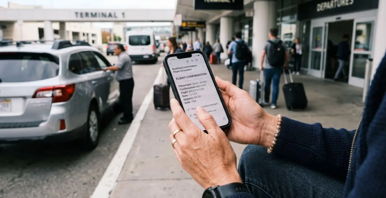 Passager consultant une confirmation de réservation de parking sur son smartphone avant de partir en voyage depuis Roissy