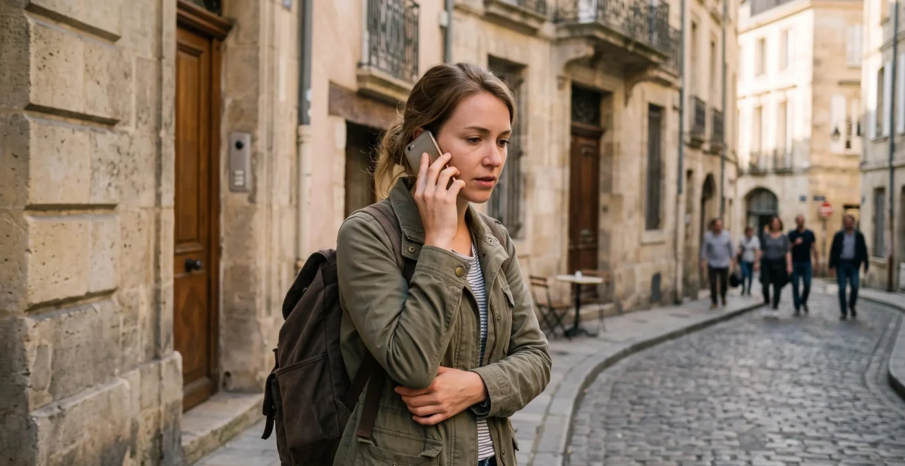 Voyageur contactant son assistance par téléphone dans un environnement urbain à l'étranger