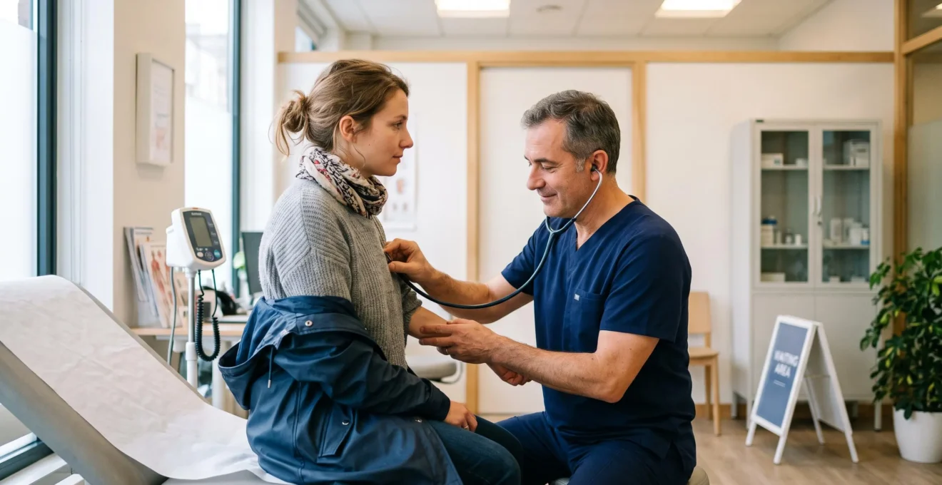 Voyageur français recevant une consultation médicale dans une clinique moderne à l'étranger