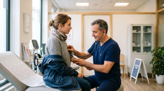 Voyageur français recevant une consultation médicale dans une clinique moderne à l'étranger