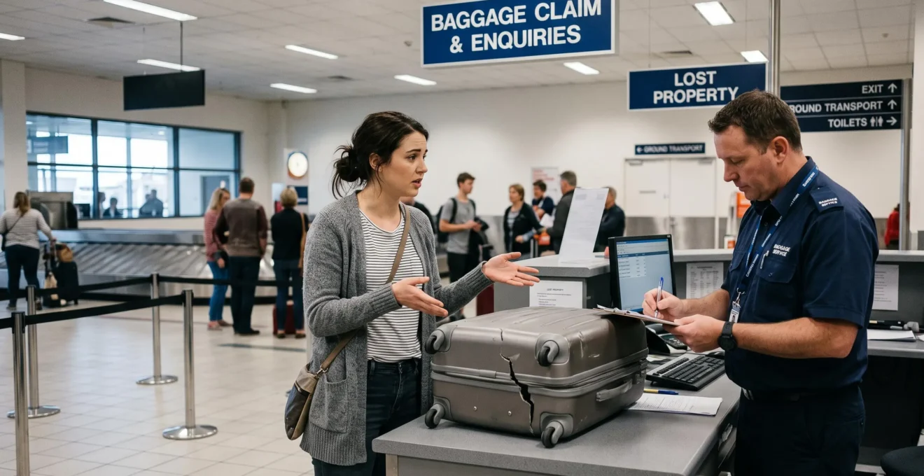 Voyageur déclarant une valise endommagée au comptoir de service bagages d'un aéroport