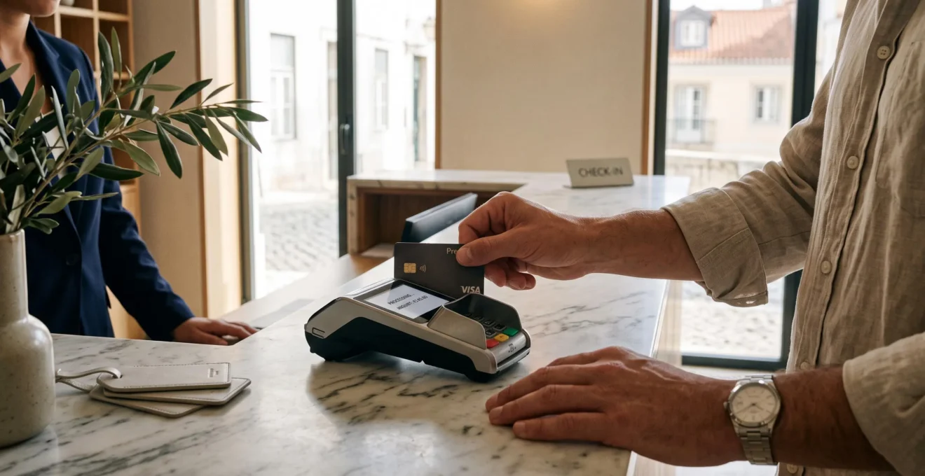 Voyageur effectuant un paiement par carte bancaire premium à une réception d'hôtel à l'étranger
