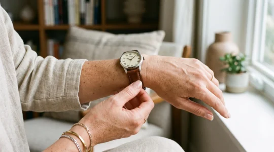 Une femme touche la doublure cuir du bracelet de sa montre au poignet