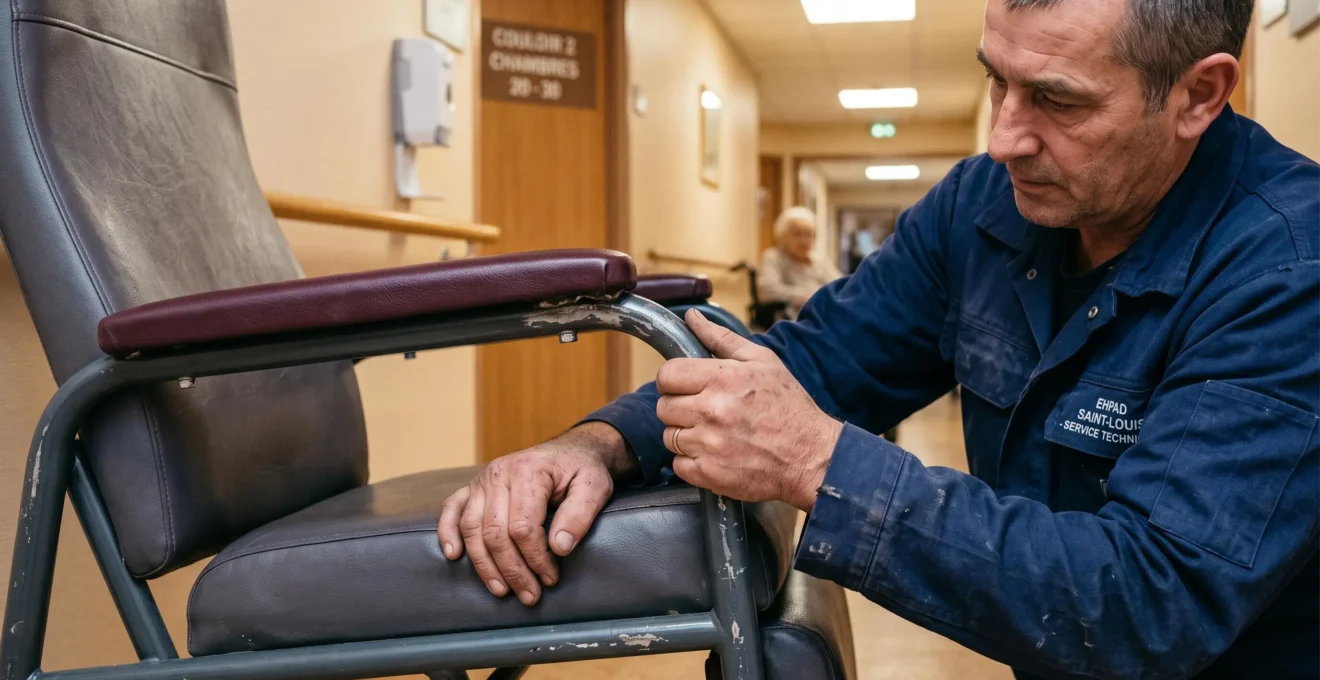 Un technicien vérifie la solidité de l'accoudoir d'un fauteuil médicalisé dans un couloir d'EHPAD.
